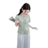 Light green patterned V-neck short-sleeved top, Chinese-style top Item Picture